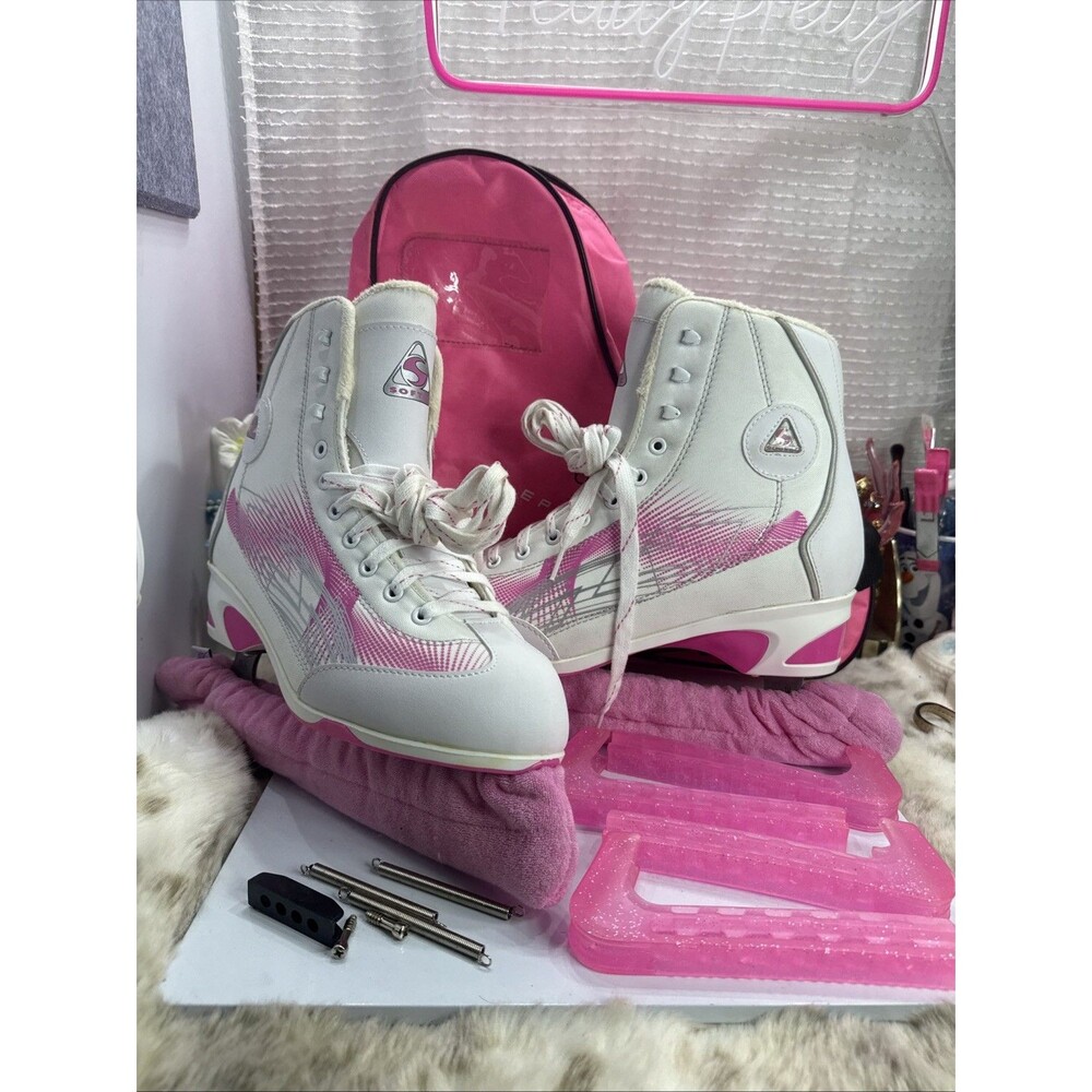 (E) Jackson Rave RV2000 white w, pink,silver trim ice skates, Sz 10, women